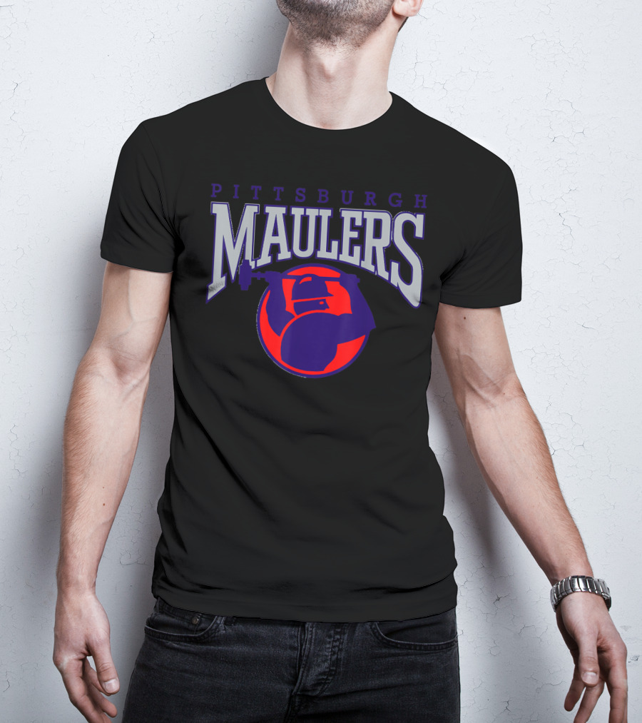 Pittsburgh Maulers Football Team Logo With Hammer Icon In Blue And Red T-Shirt