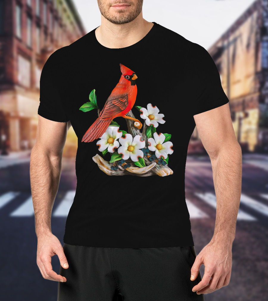 Red Cardinal Birds With White Flowering Blossoms T-Shirt