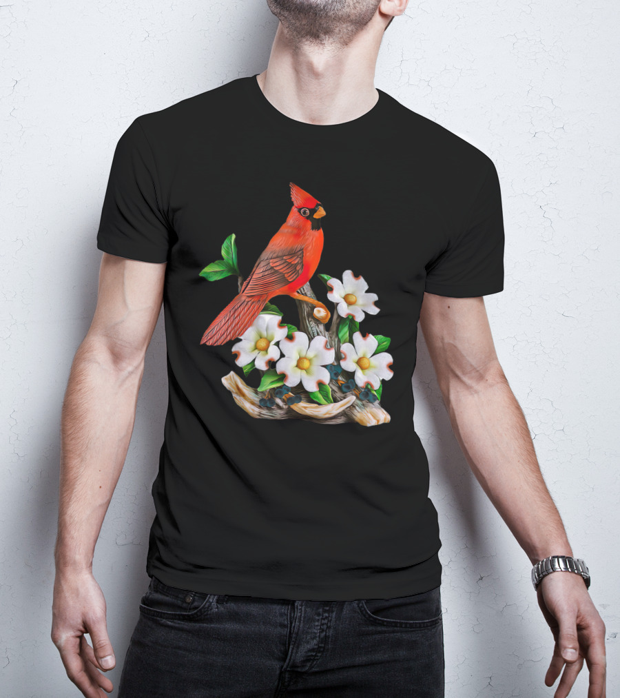 Red Cardinal Birds With White Flowering Blossoms T-Shirt