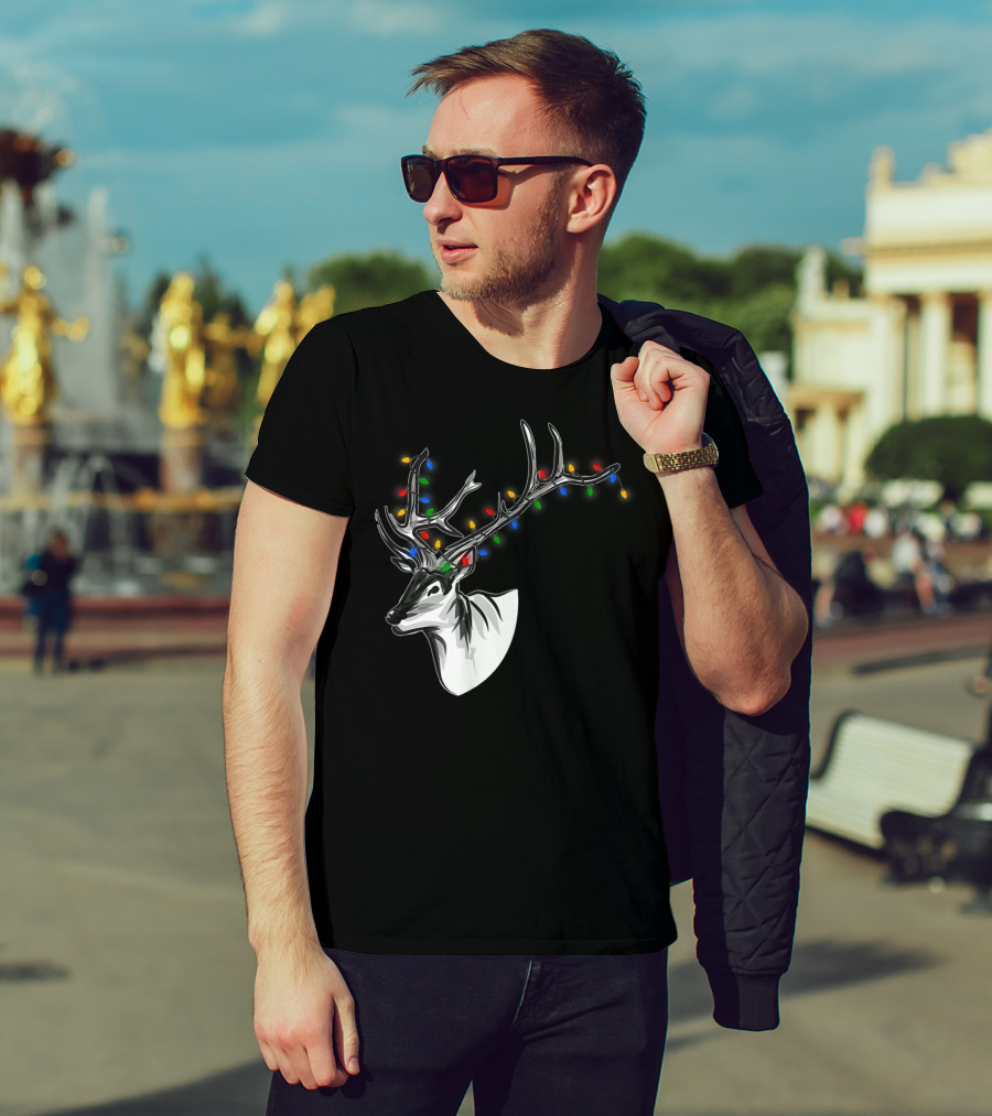 Reindeer Christmas Lights Funny Animal Decorated Antlers Festive Humor T-Shirt