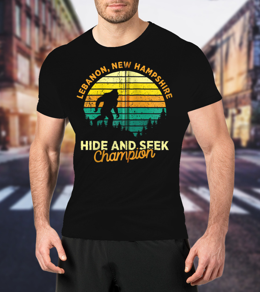 Lebanon New Hampshire Bigfoot Hide And Seek Champion Retro Sunset T-Shirt