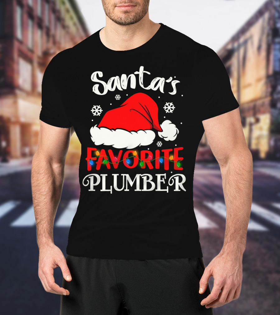 Santa's Favorite Plumber Christmas Hat Snowflakes Lights T-Shirt