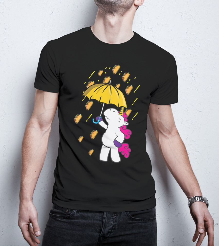 Its Raining Tacos Funny Unicorn Holding Yellow Umbrella T-Shirt