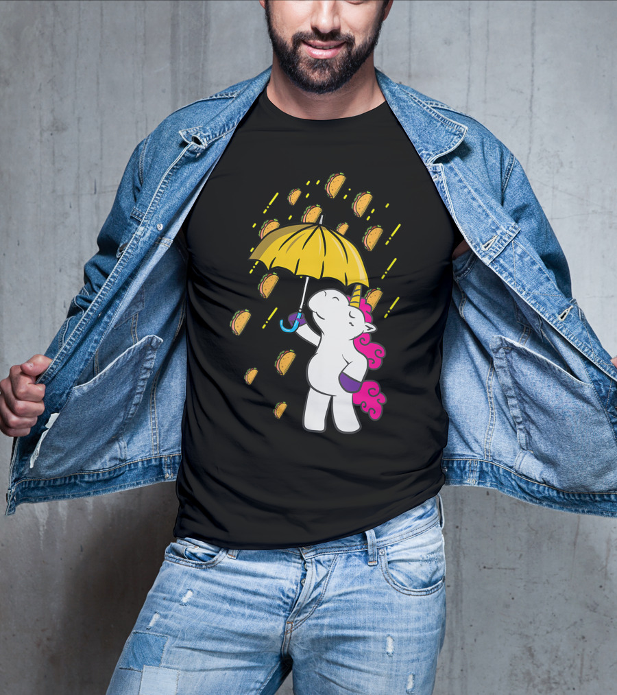 Its Raining Tacos Funny Unicorn Holding Yellow Umbrella T-Shirt