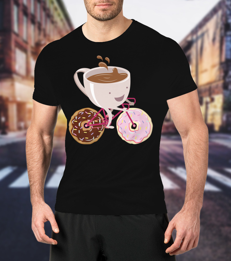 Coffee Cup Riding Bicycle With Donut Wheels Hand Drawn T-Shirt