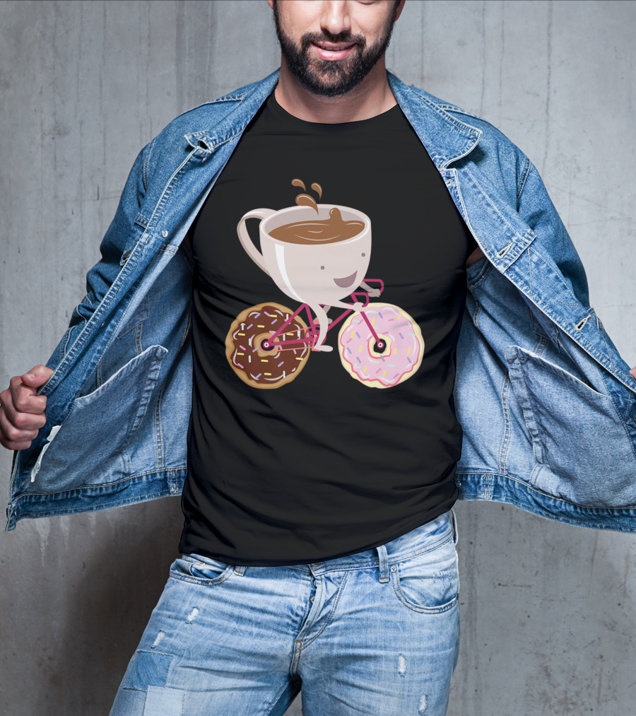Coffee Cup Riding Bicycle With Donut Wheels Hand Drawn T-Shirt