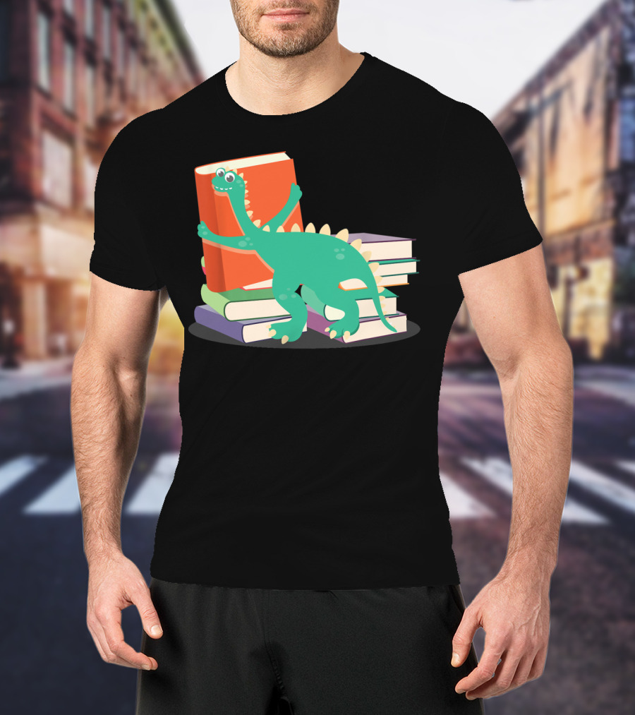 Cute Dinosaur Hugging Books For Bookish Literary Nerds T-Shirt