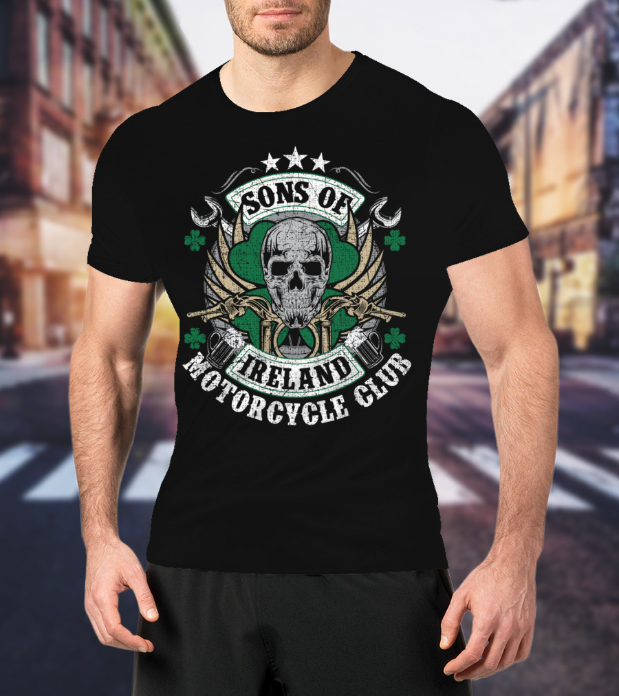 Sons Of Ireland Motorcycle Club Skull Shamrock Wings Biker T-Shirt