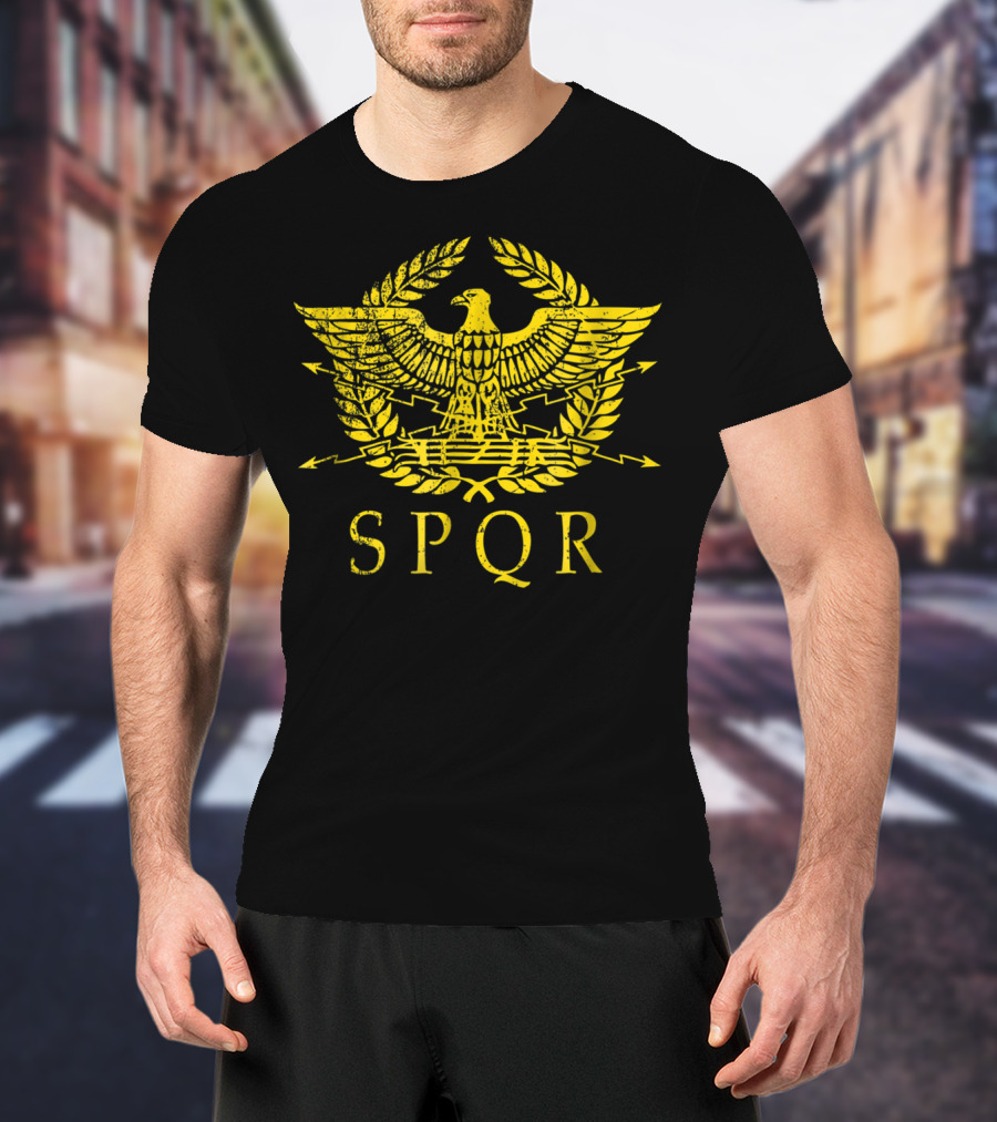 SPQR Distressed Ancient Rome Gold Eagle Laurel Emblem T-Shirt