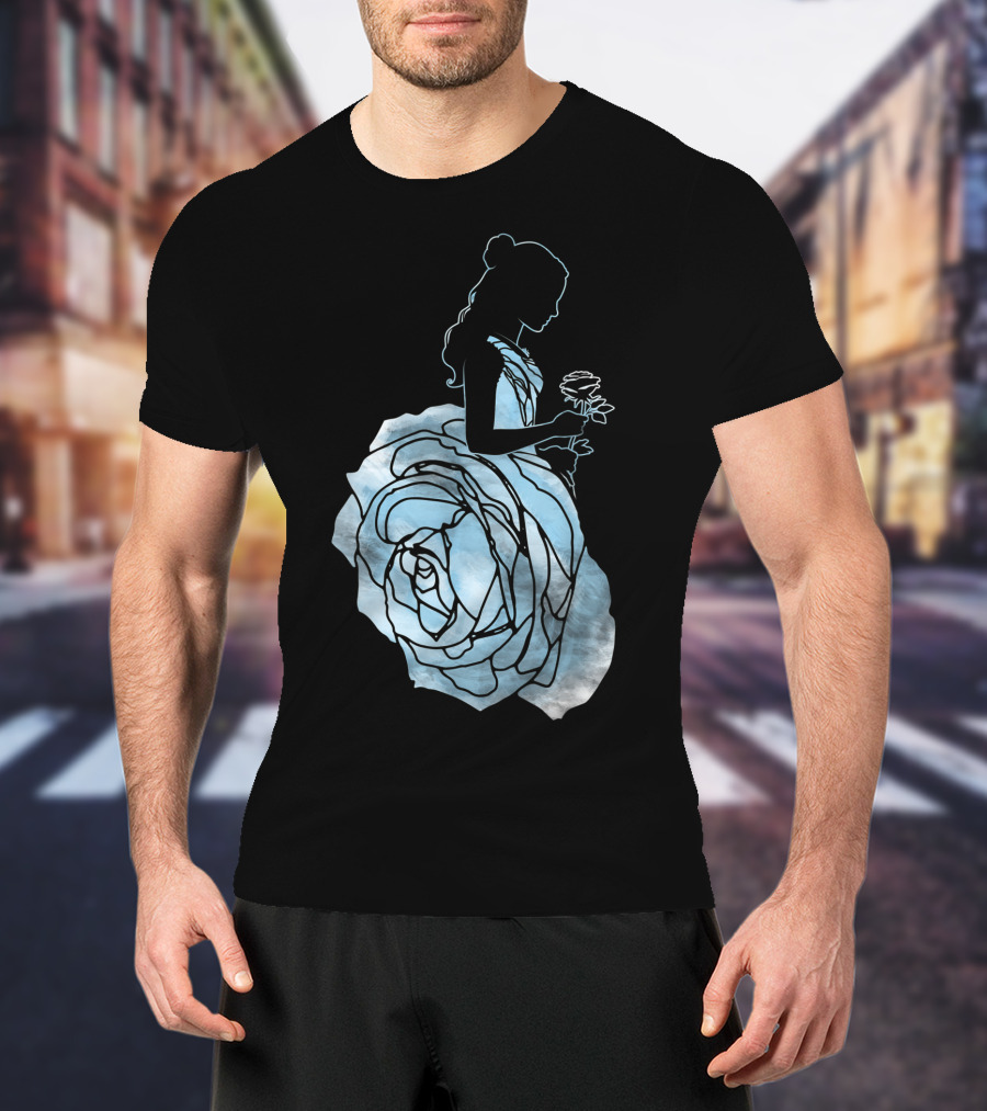 Disney Beauty And The Beast Belle Silhouette Blue Rose Dress T-Shirt