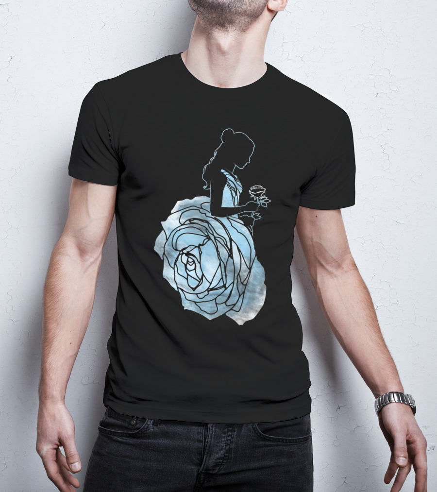 Disney Beauty And The Beast Belle Silhouette Blue Rose Dress T-Shirt