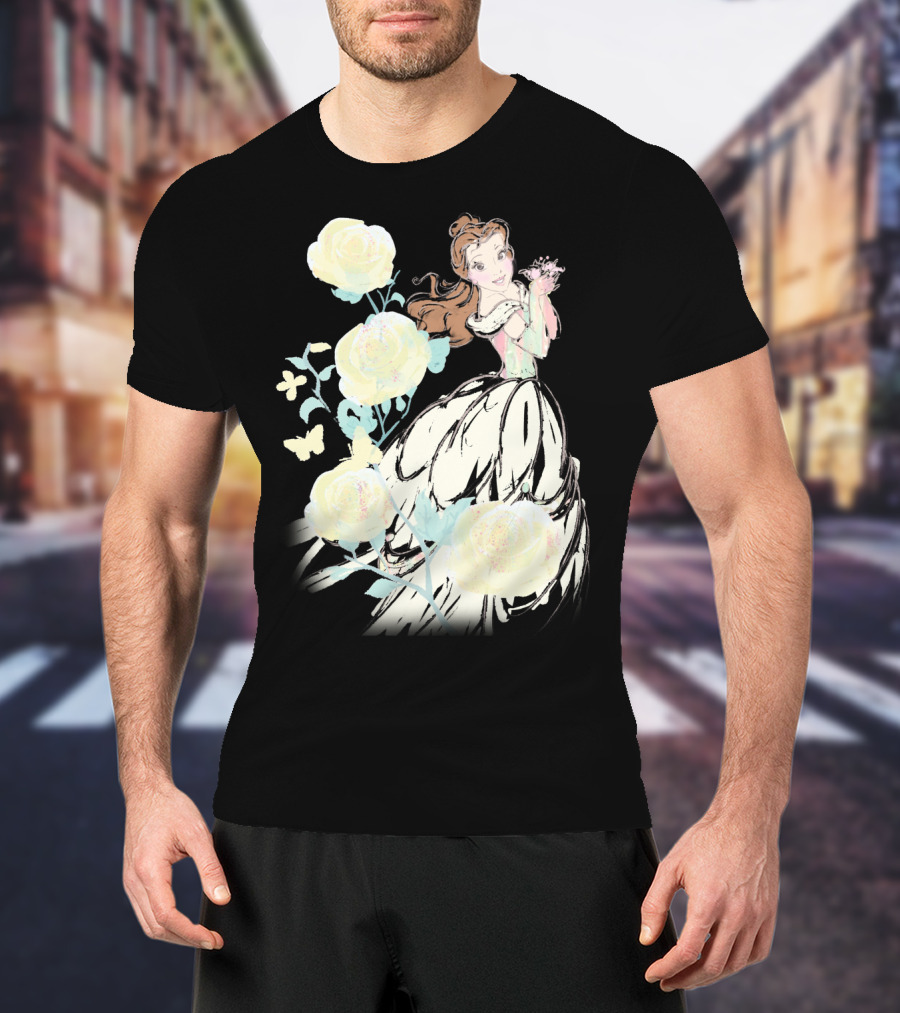 Disney Beauty The Beast Belle Yellow Watercolor Rose Butterfly T-Shirt