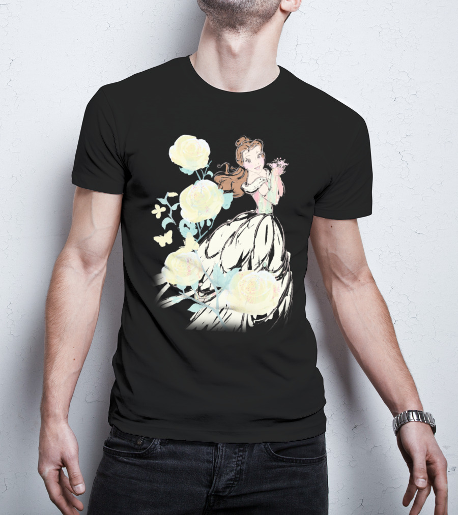 Disney Beauty The Beast Belle Yellow Watercolor Rose Butterfly T-Shirt