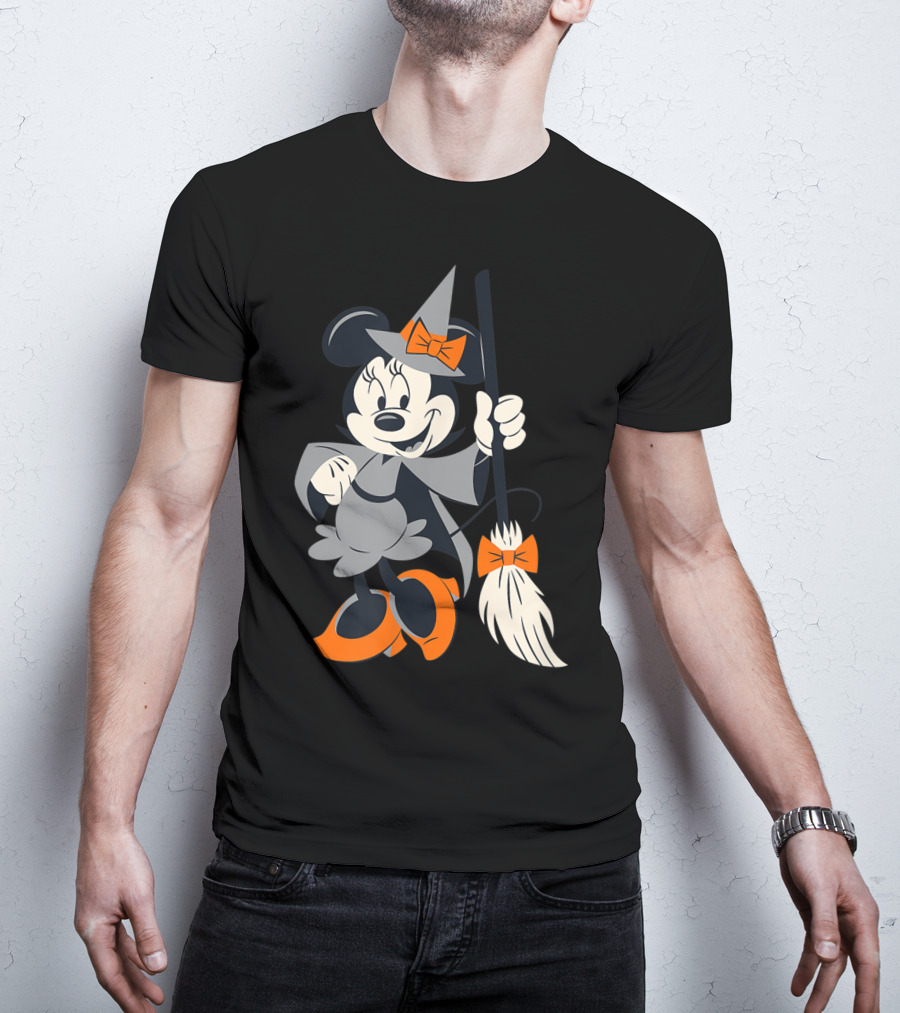 Disney Halloween Minnie Mouse Witch Costume Broomstick Orange Bows T-Shirt