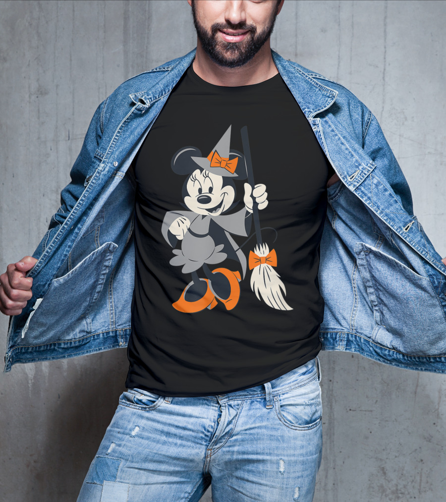 Disney Halloween Minnie Mouse Witch Costume Broomstick Orange Bows T-Shirt