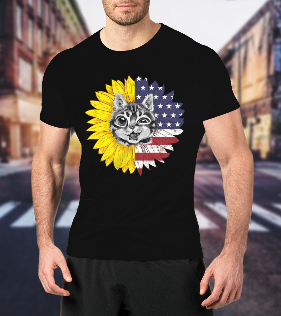 CAT LOVERS Sunflower American Flag Winking Cat T-Shirt
