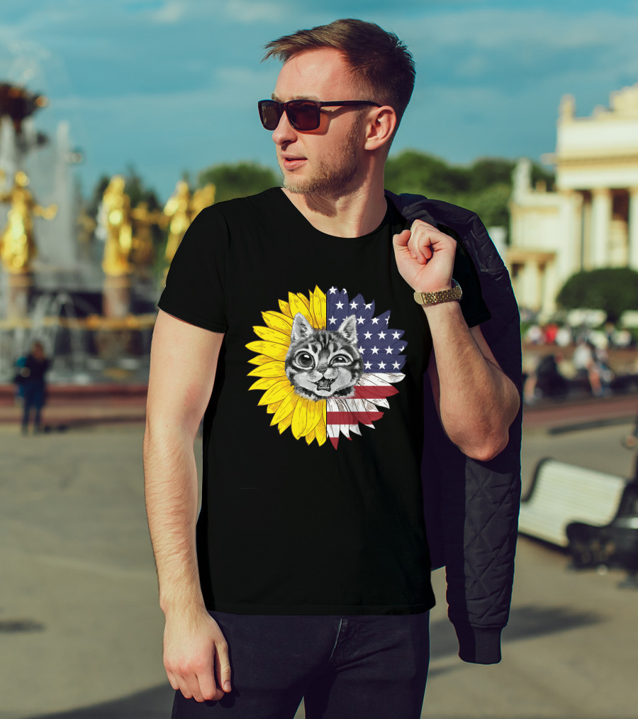 CAT LOVERS Sunflower American Flag Winking Cat T-Shirt