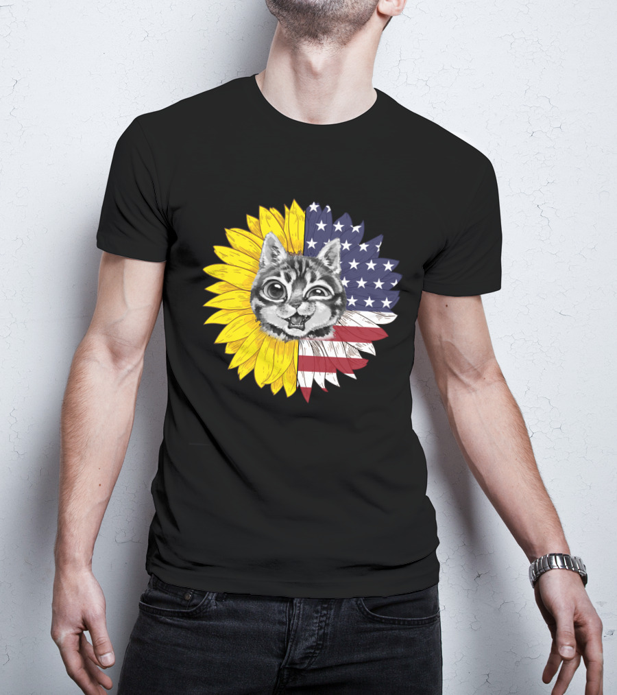 CAT LOVERS Sunflower American Flag Winking Cat T-Shirt