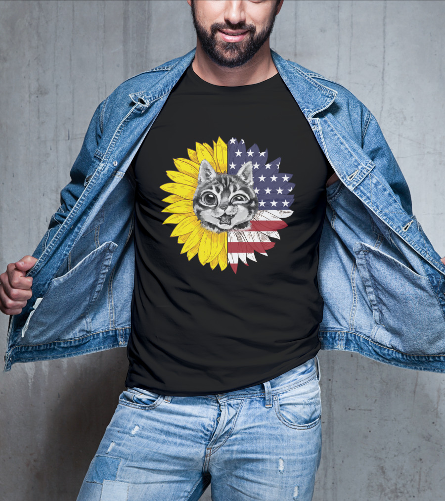 CAT LOVERS Sunflower American Flag Winking Cat T-Shirt