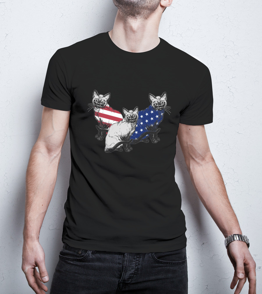 Siamese Cats American Flag July Independence Day T-Shirt