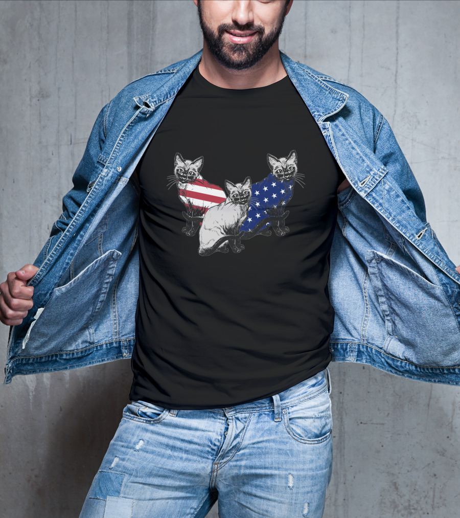 Siamese Cats American Flag July Independence Day T-Shirt