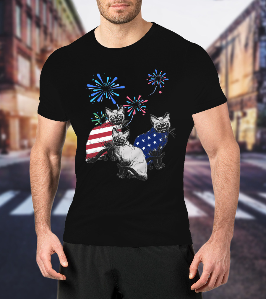 SiameseJuly Cats With Fireworks And American Flag T-Shirt