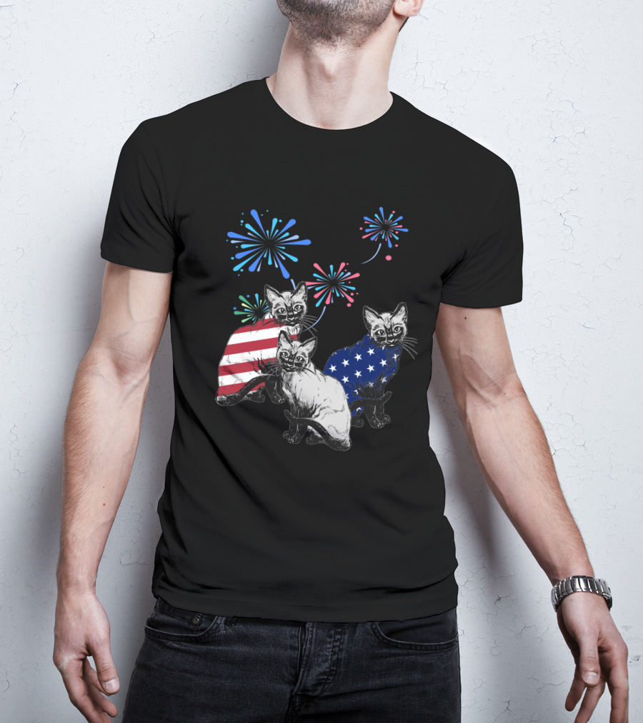 SiameseJuly Cats With Fireworks And American Flag T-Shirt