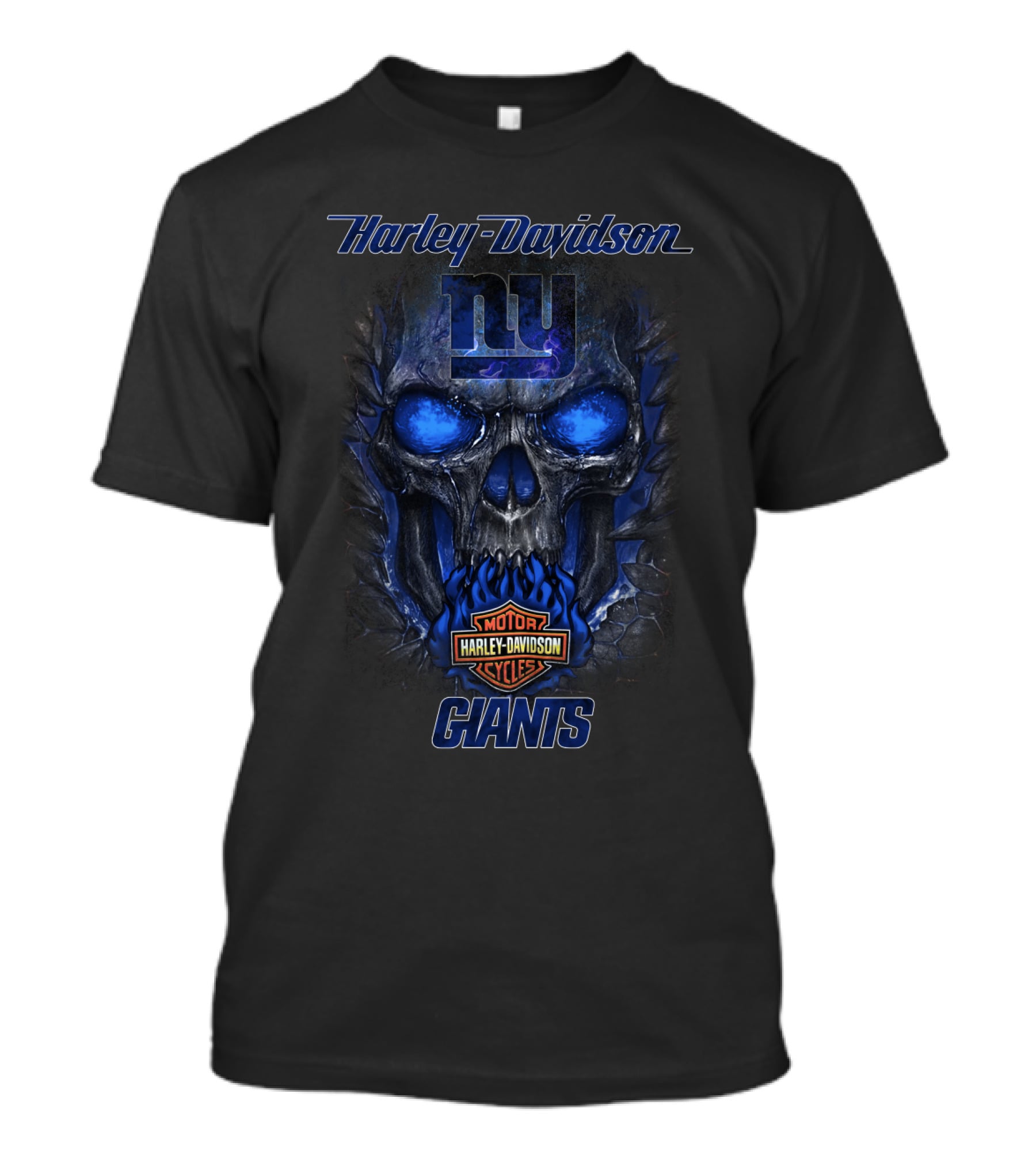 Harley Davidson New York Giants Skull And Motor Cycles T-Shirt