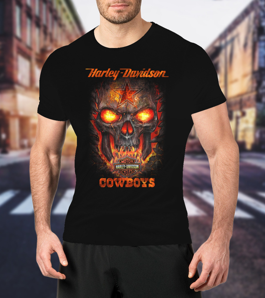 Harley Davidson Cowboys Skull With Star Emblem Flames T-Shirt