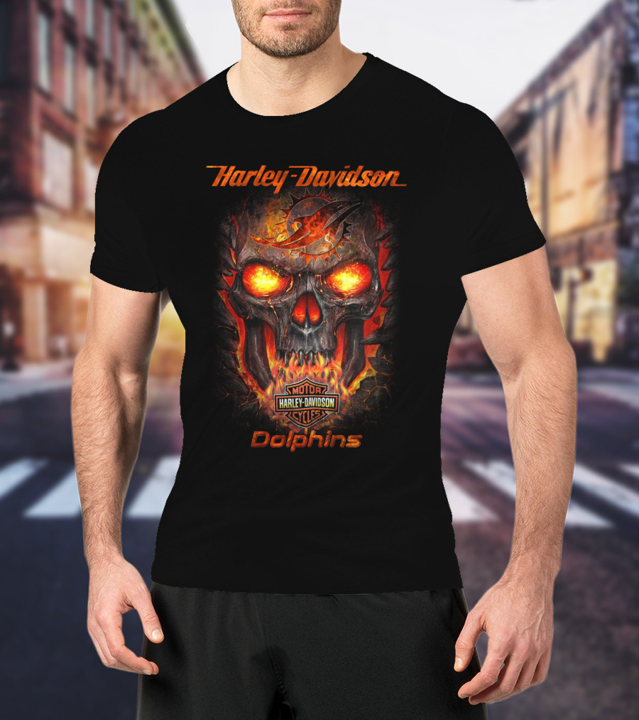 Harley Davidson Miami Dolphins Fiery Skull Logo Motorcycles T-Shirt