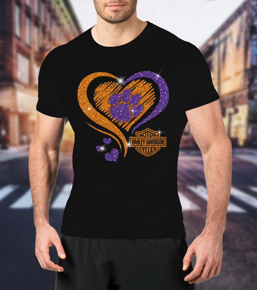 Clemson Tigers Purple Paw Heart Harley Davidson T-Shirt