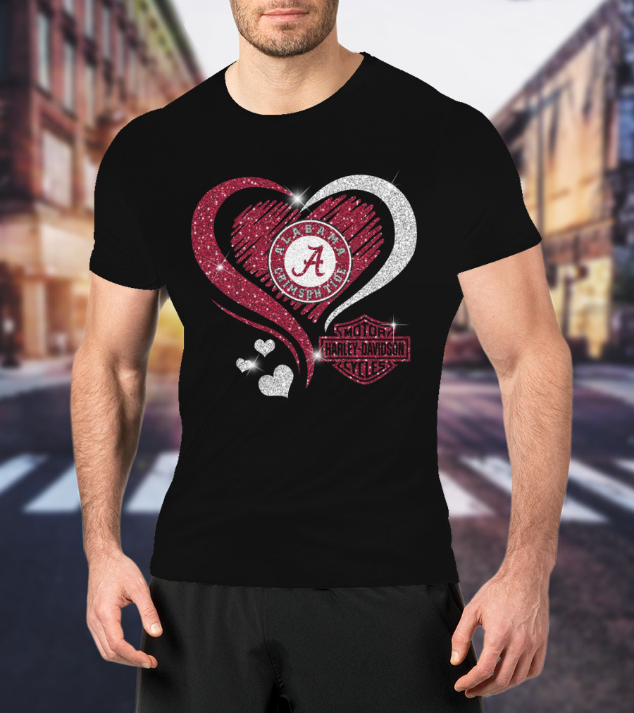 Alabama Crimson Tide Harley Davidson Heart Glitter T-Shirt
