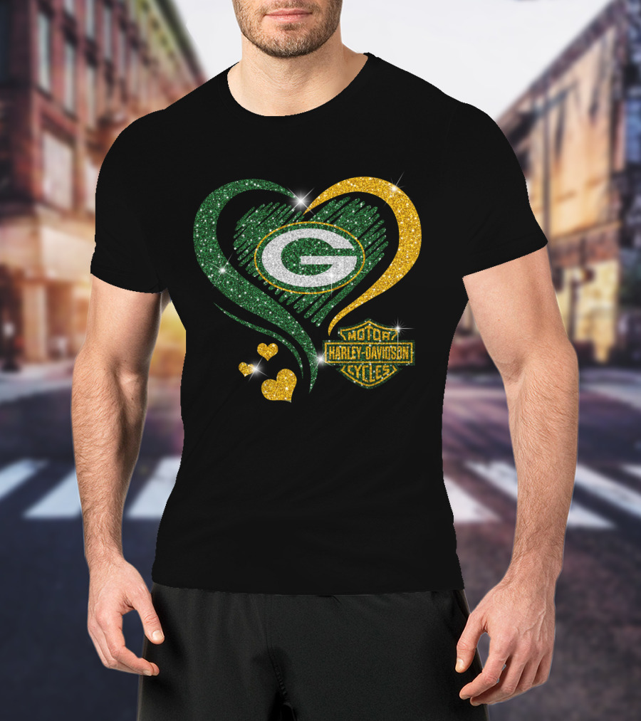 Green Bay Packers Harley Davidson Sparkling Heart T-Shirt