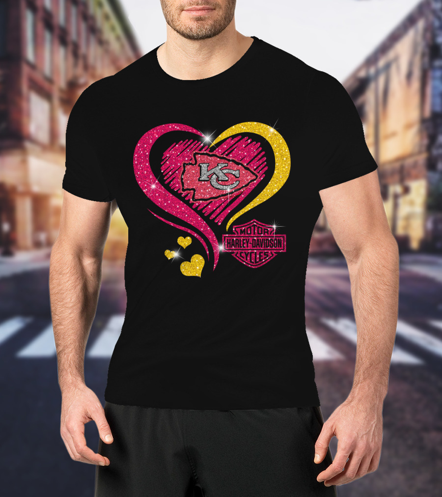 Kansas City Chiefs Harley Davidson Motorcycles Heart Kc Logo Glitter T-Shirt