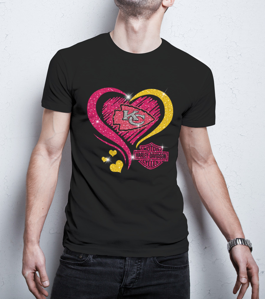 Kansas City Chiefs Harley Davidson Motorcycles Heart Kc Logo Glitter T-Shirt