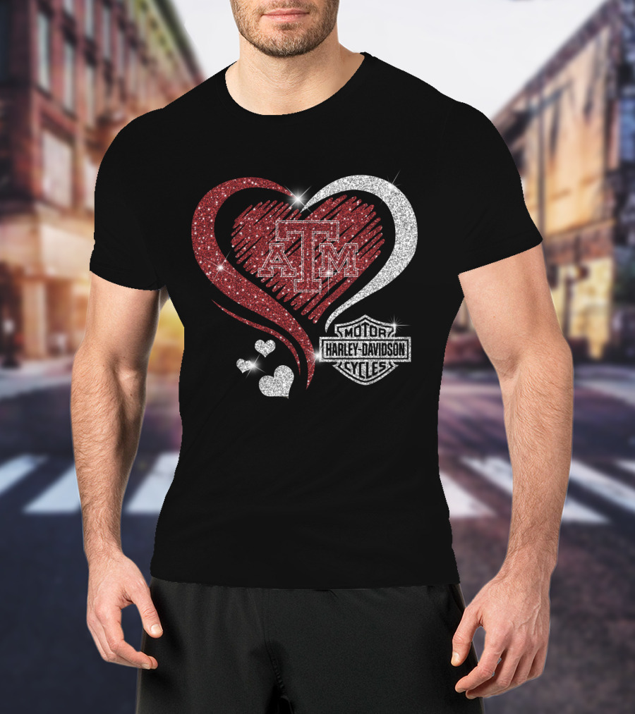 Atm Texas A&M Aggies Harley Davidson Motor Cycles Sparkling Heart T-Shirt