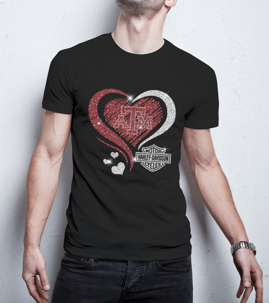 Atm Texas A&M Aggies Harley Davidson Motor Cycles Sparkling Heart T-Shirt