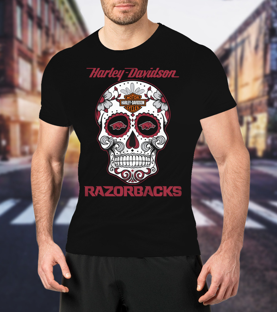 Harley Davidson Razorbacks Sugar Skull Motor Cycles T-Shirt