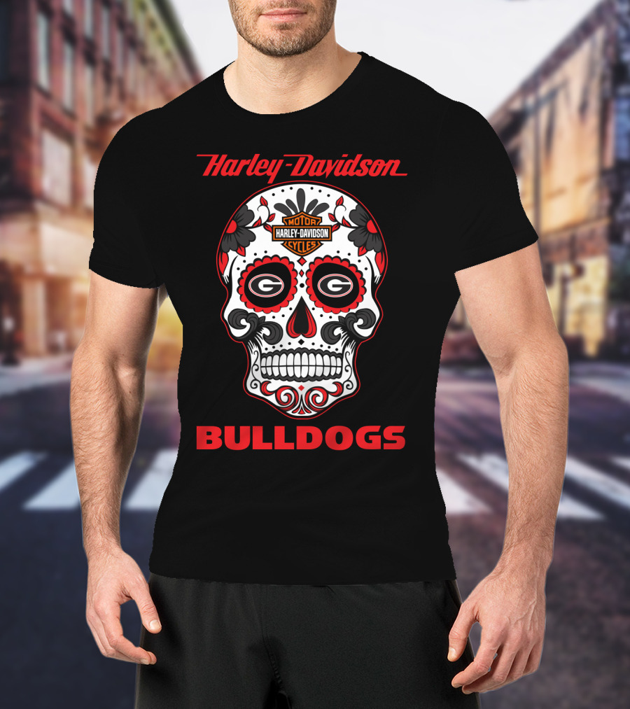 Harley Davidson Motor Cycles Georgia Bulldogs Sugar Skull T-Shirt
