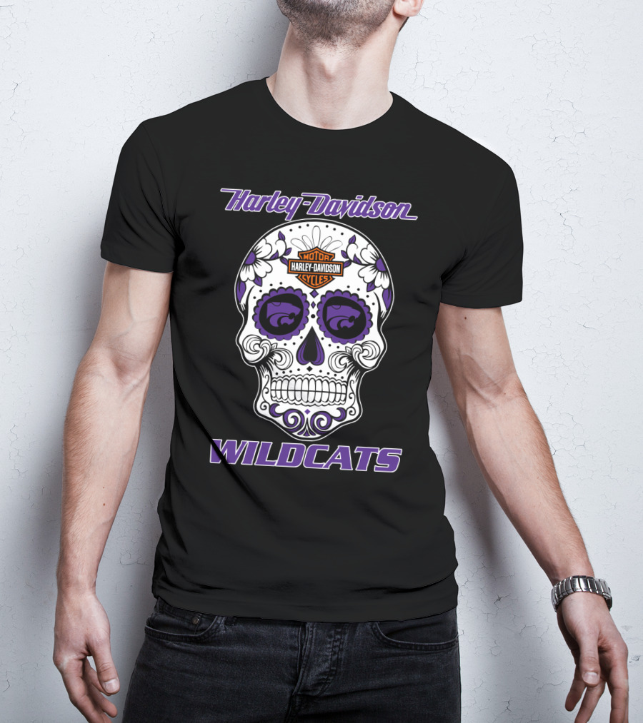 Harley Davidson Wildcats Kansas State Motor Cycles Day Of The Dead Skull T-Shirt