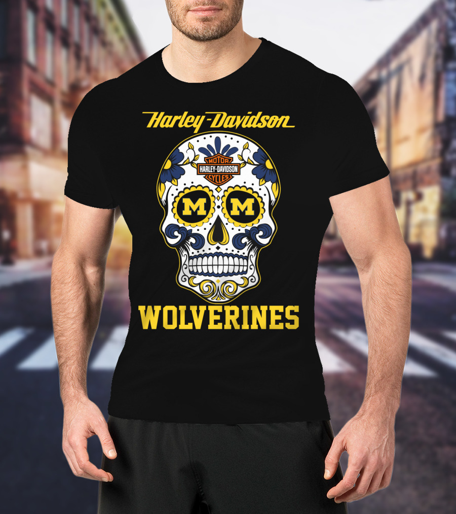 Harley Davidson Motor Cycles Michigan Wolverines Skull T-Shirt