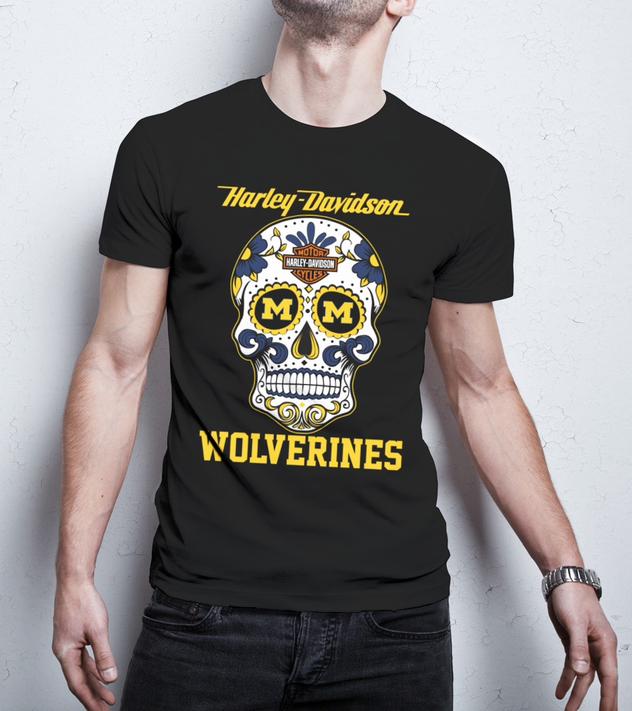 Harley Davidson Motor Cycles Michigan Wolverines Skull T-Shirt