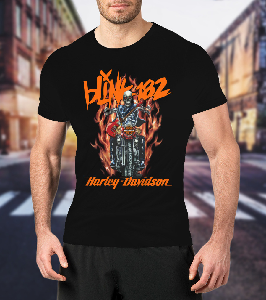 Blink 182 Harley Davidson Skeleton Guitar Flames T-Shirt