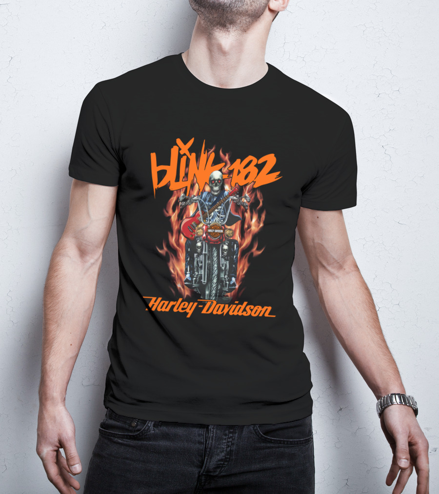 Blink 182 Harley Davidson Skeleton Guitar Flames T-Shirt