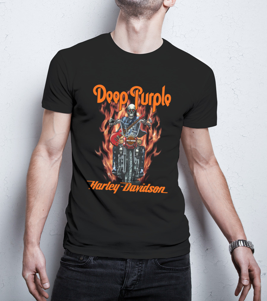 Deep Purple Harley Davidson Skeleton On Motorcycle With Flames T-Shirt