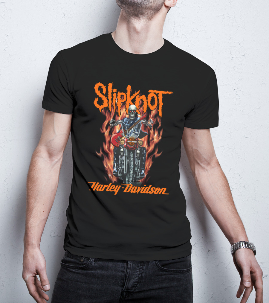 Slipknot Harley Davidson Flaming Skeleton Motorcycle Rider T-Shirt