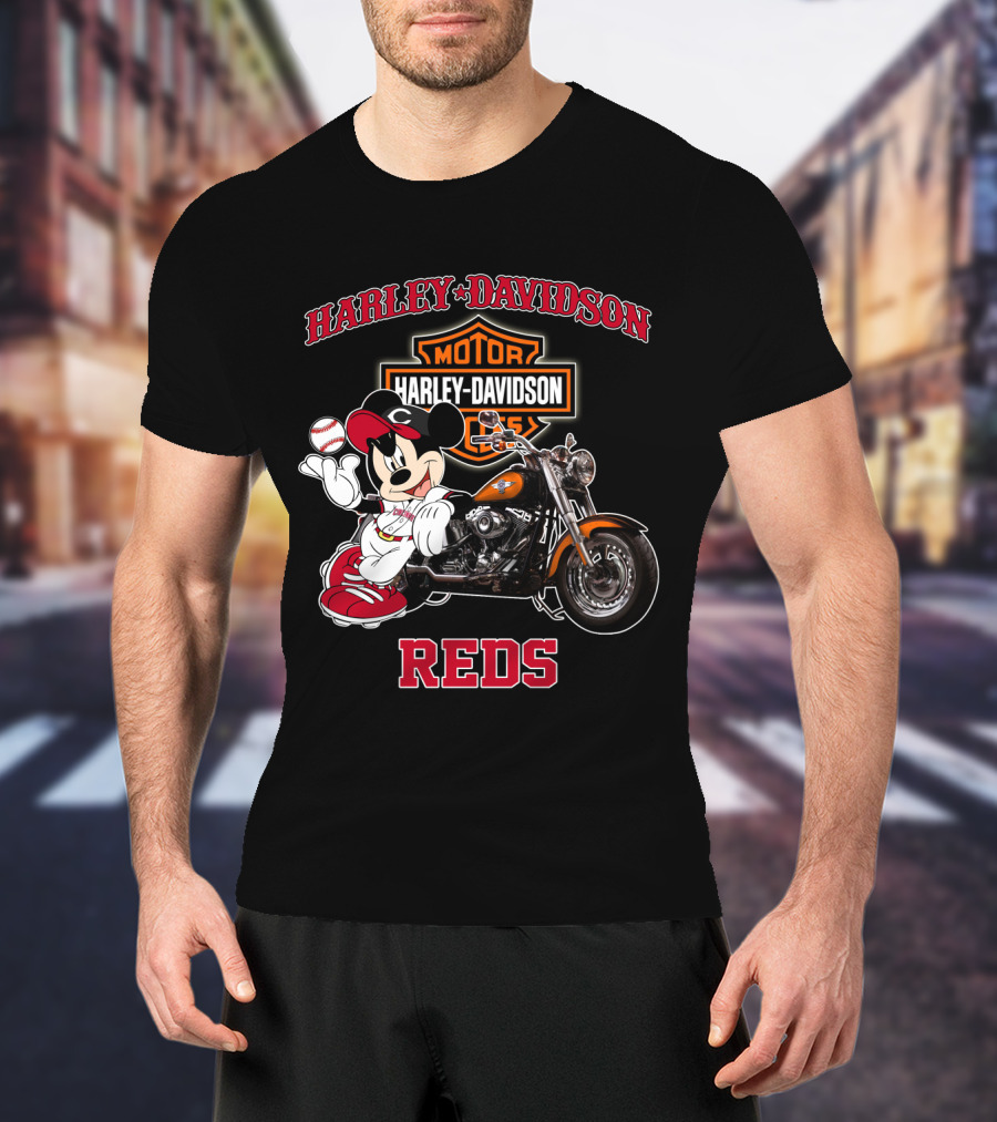 Harley Davidson Reds Cincinnati Motorcycle Mickey Mouse Baseball T-Shirt