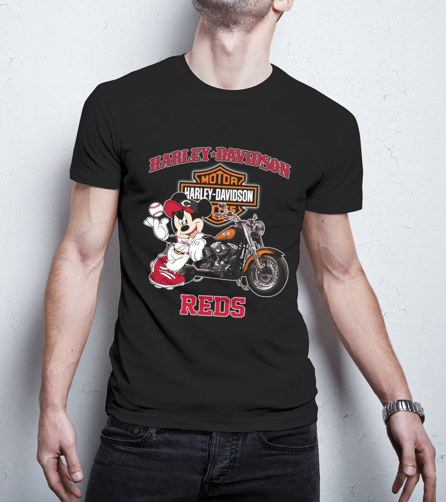 Harley Davidson Reds Cincinnati Motorcycle Mickey Mouse Baseball T-Shirt