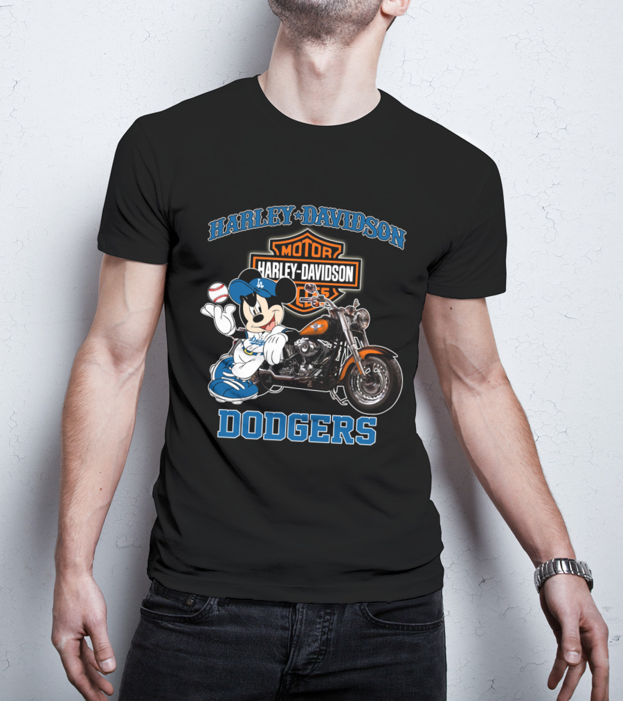 Harley Davidson Los Angeles Dodgers Mickey Mouse Motorcycle Baseball T-Shirt