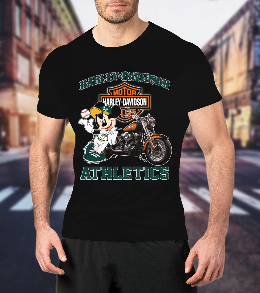 Harley Davidson Oakland Athletics With Mickey Mouse Baseball Motorcycle T-Shirt
